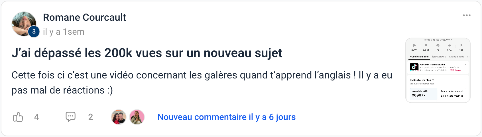 Témoignage — Romane : +200k vues sur un nouveau sujet